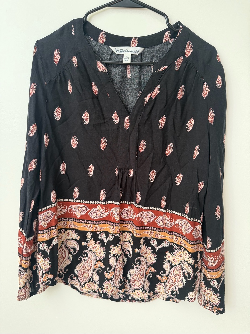 Tantrums Black Paisley-Print Long Sleeve Tunic with Rust and Mustard Accents